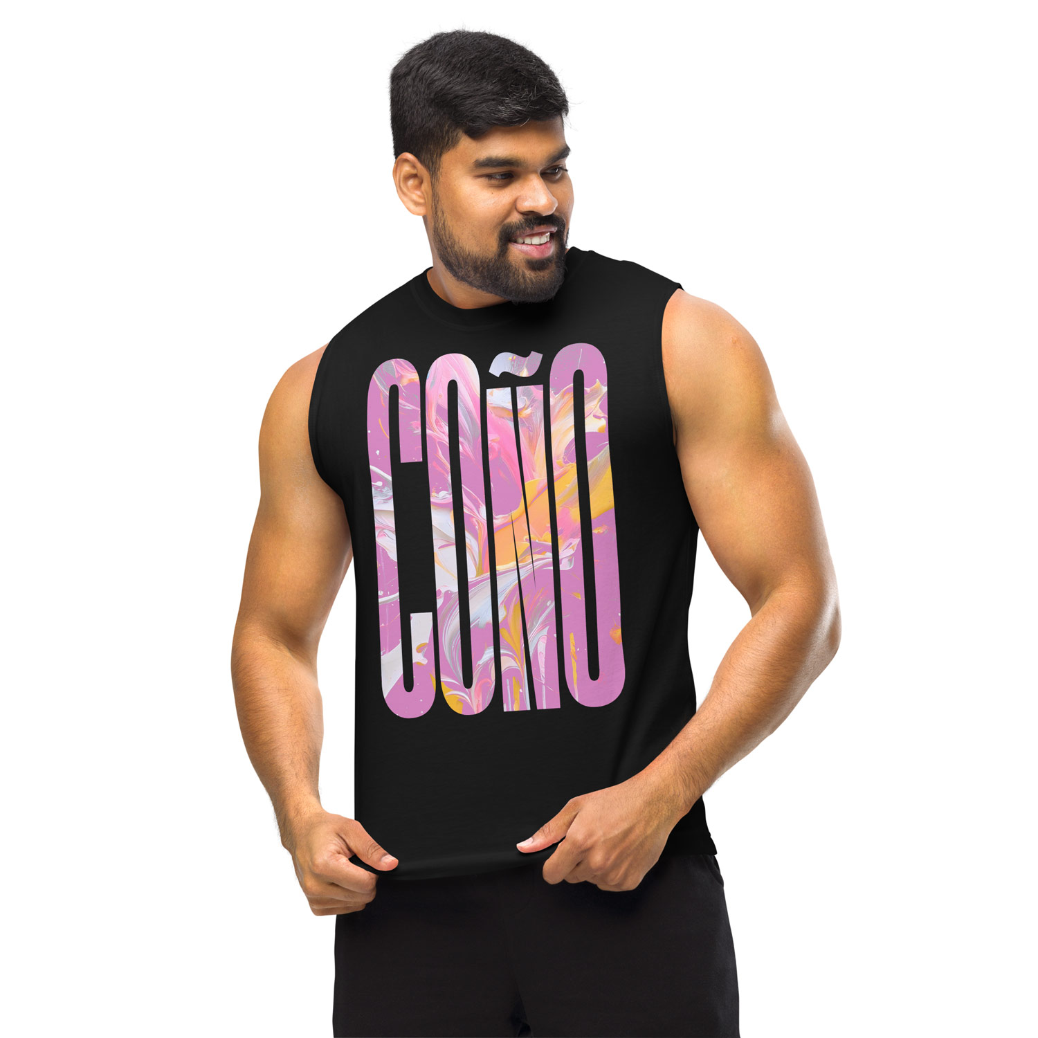 Model in black Gayer Things Coño sleeveless muscle tee — marble COÑO graphic, white backdrop