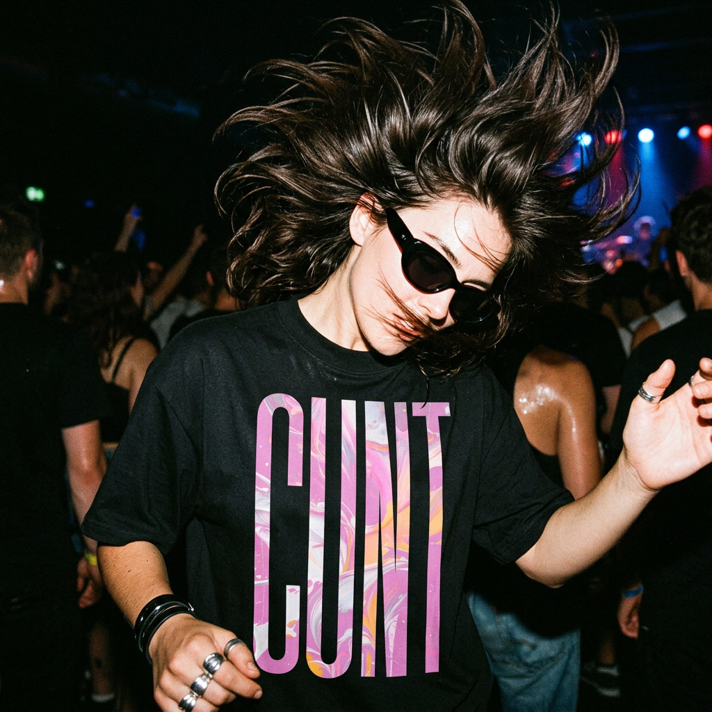 Model in Gayer Things C*nt oversized tee with marble graphic — LGBTQ+ pride apparel