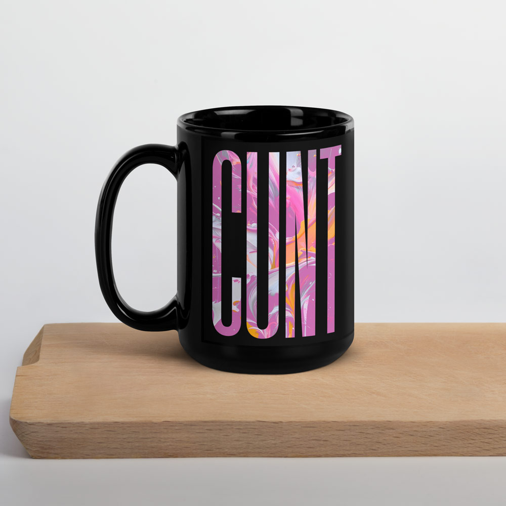 Gayer Things black queer pride mug on light wood, lifestyle product photo for community-minded buyers