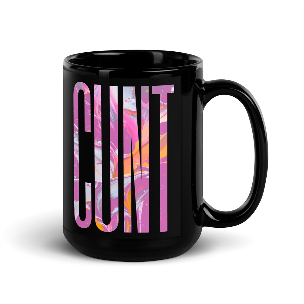 Clean white-background product shot of Gayer Things black LGBTQ+ pride glossy mug with marble artwork