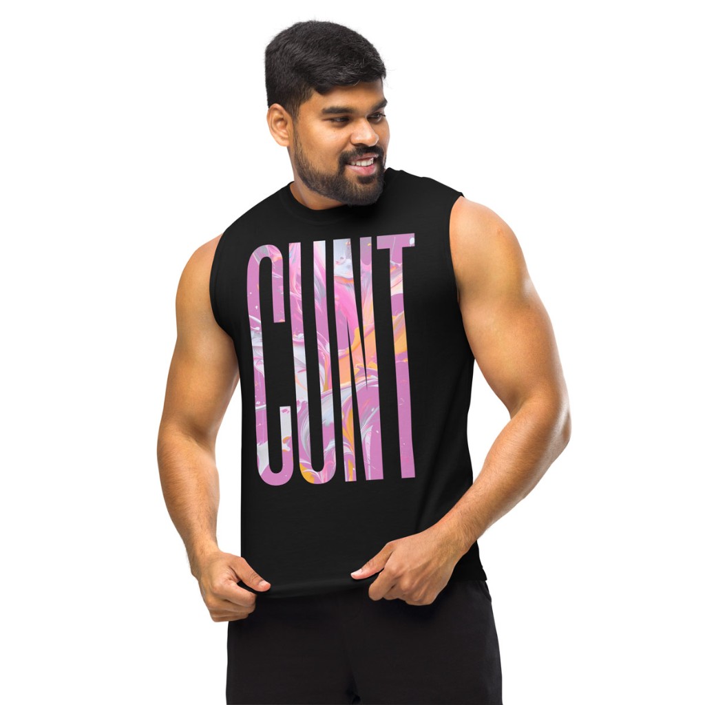 Model in black sleeveless muscle tee with marble-fill typography — hands on hips, white backdrop