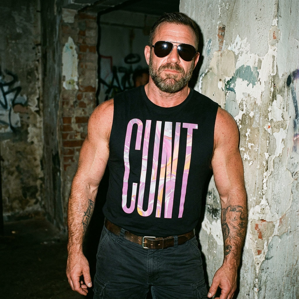 Torso shot of black Gayer Things muscle shirt with bold reclamation graphic and denim — white background