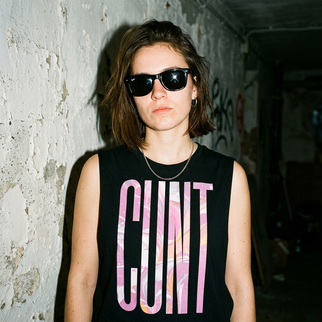 Black Gayer Things muscle tee with marble lettering — synthwave rainbow grid product backdrop