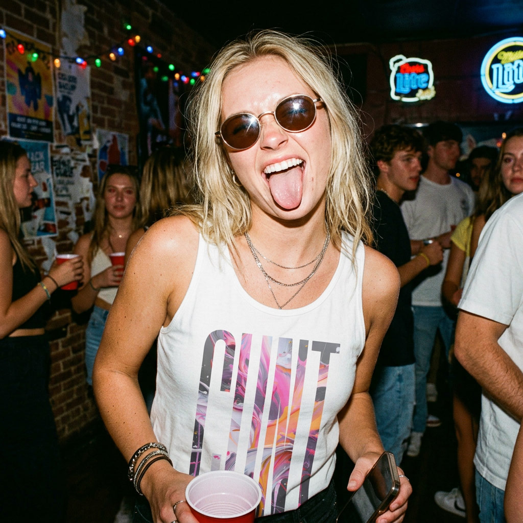 Model wearing Gayer Things queer streetwear pride tank top, front view with bold marble graphics