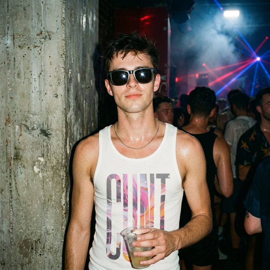Side view of model in Gayer Things LGBTQ+ pride tank — airy streetwear for hot days and Pride weekends