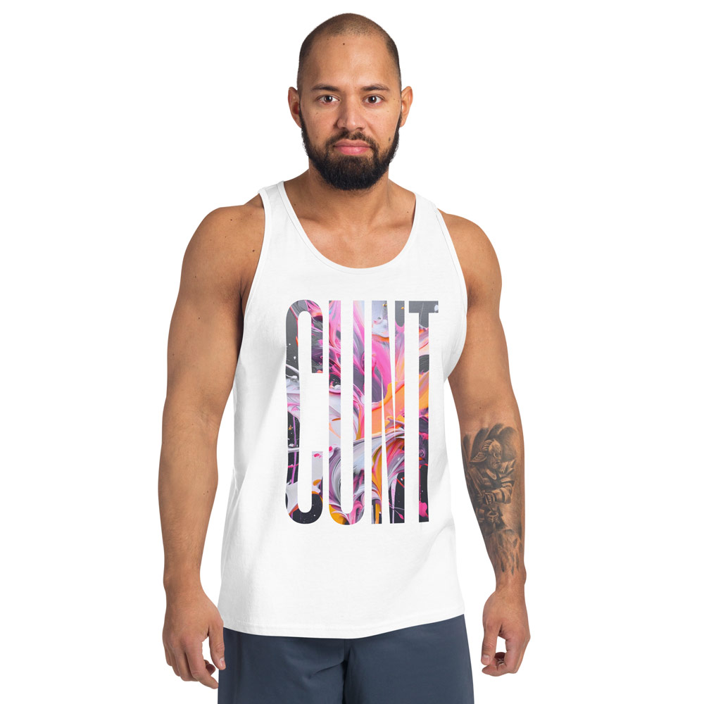 Masc-presenting model in Gayer Things queer pride tank top showing muscle-forward streetwear styling
