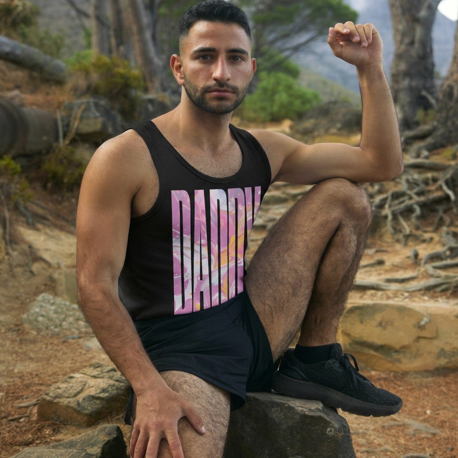 Black Gayer Things Daddy sleeveless tank flat lay — bold typography and fabric texture