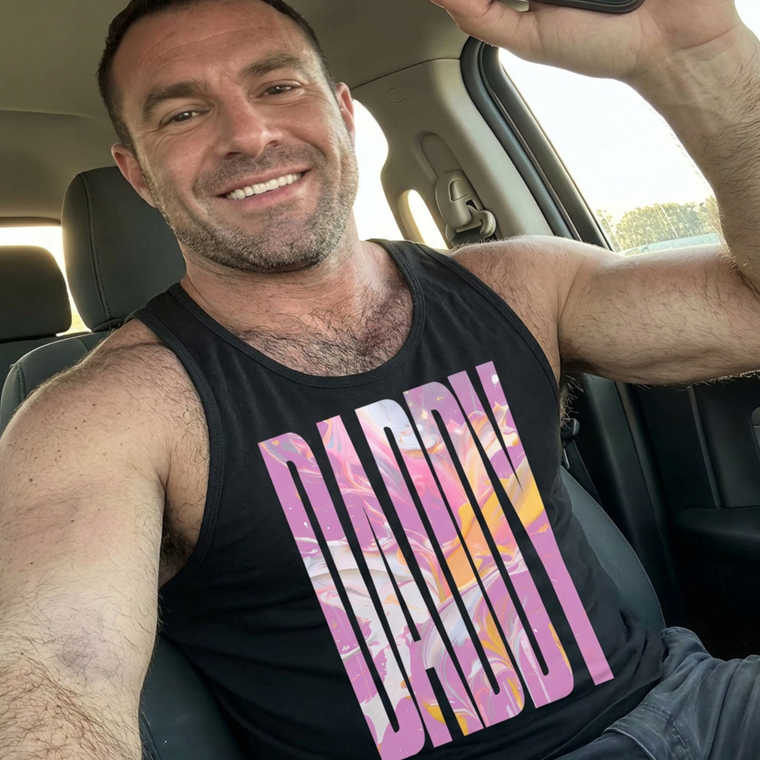 Black Gayer Things Daddy tank on neon backdrop — marble DADDY chest print