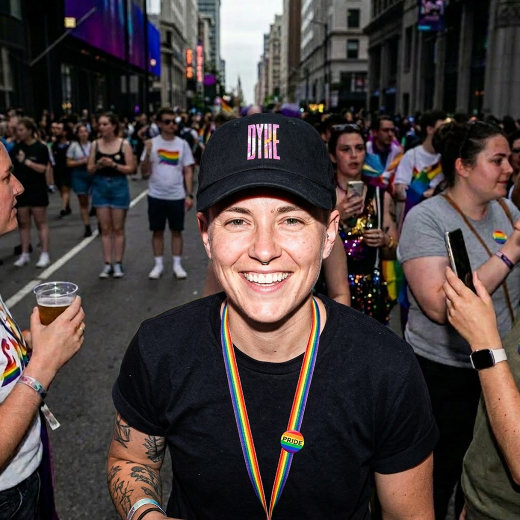 Pride parade street shot — black Gayer Things Dyke dad cap with gradient DYKE lettering
