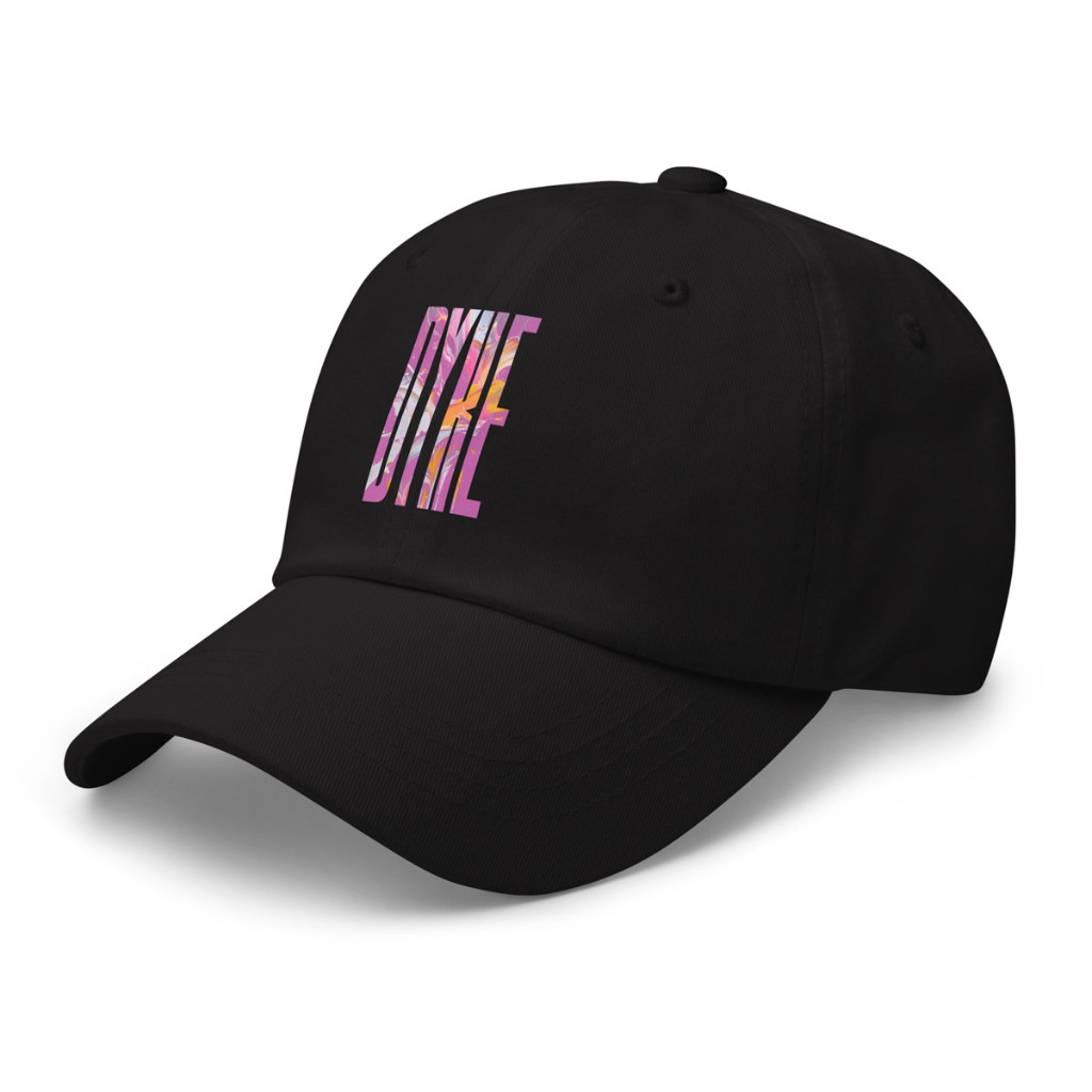 Three-quarter product shot of black Gayer Things Dyke unstructured cap on white — curved brim detail