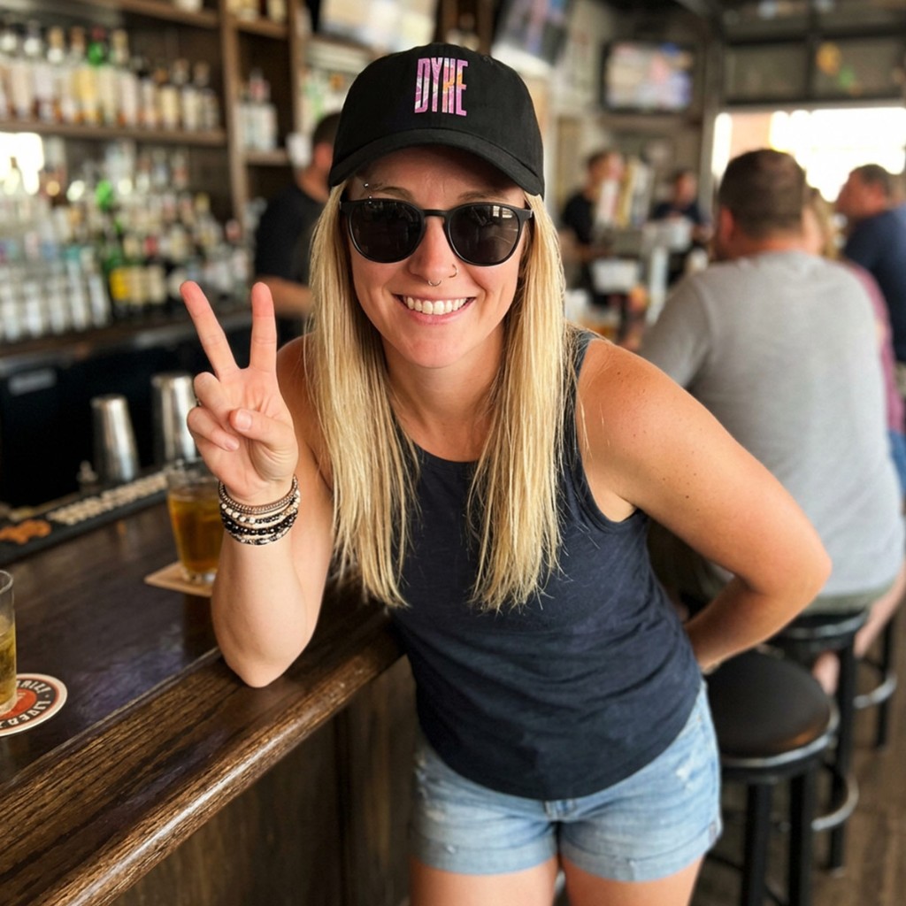 Lifestyle: smiling model in black Gayer Things Dyke dad cap at a bar — peace sign, lesbian pride headwear