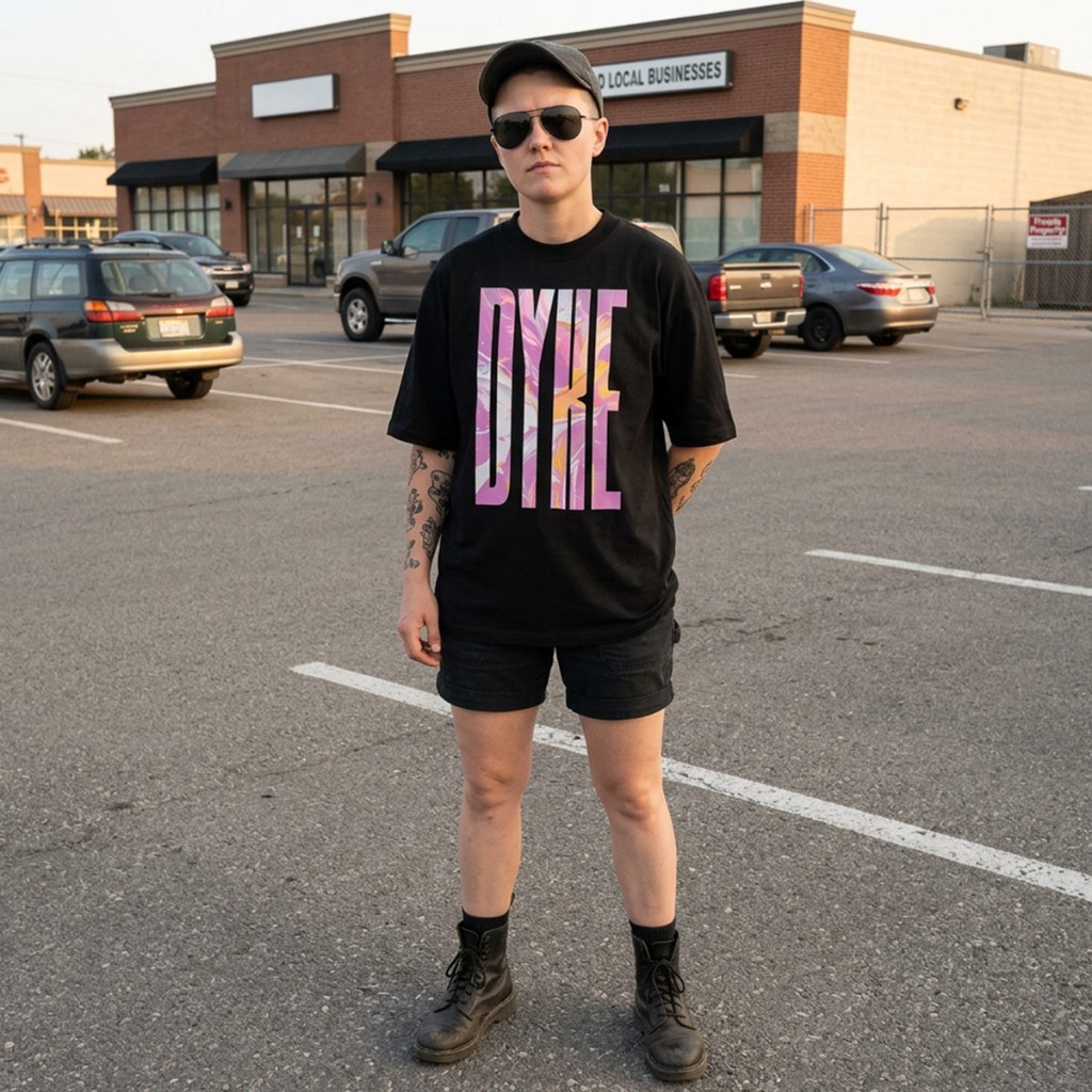 Model in black Gayer Things Dyke oversized tee — parking lot streetwear, sunglasses and combat boots