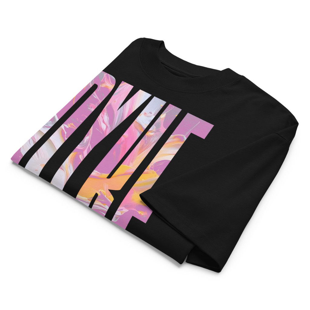 Folded black Gayer Things Dyke oversized organic cotton tee flat lay — marble typography and heavy fabric hand