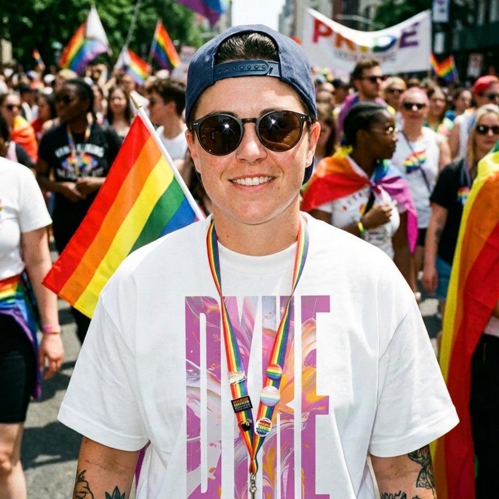 Model at Pride wearing white Gayer Things Dyke oversized organic T-shirt — marble-fill typography, festival street shot
