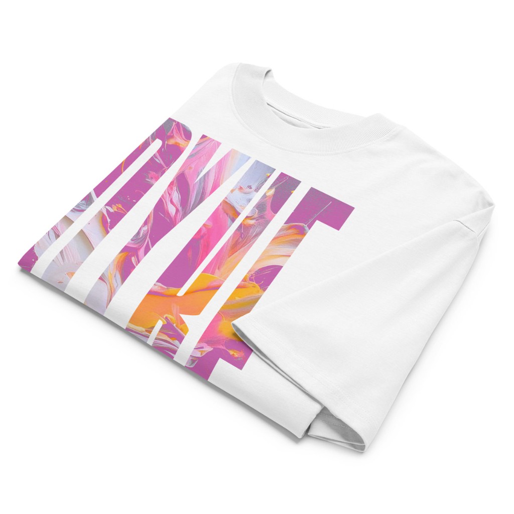 Folded white Gayer Things Dyke oversized organic cotton tee flat lay — bold DYKE graphic and ribbed collar