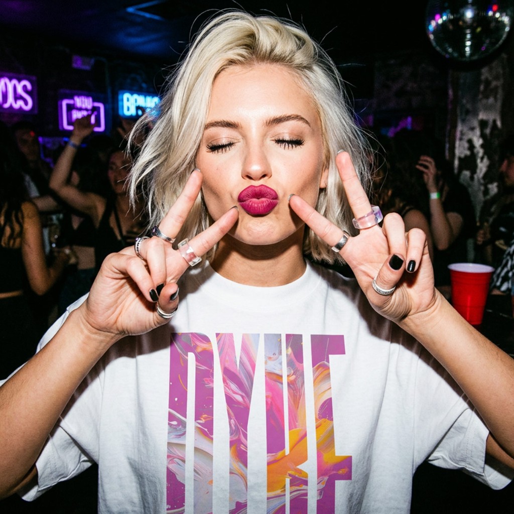 Lifestyle: model in white Gayer Things Dyke oversized tee with peace signs — night-out queer streetwear