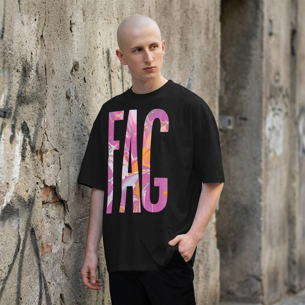 Model wearing Gayer Things black queer pride oversized T-shirt, front view with botanical streetwear graphic