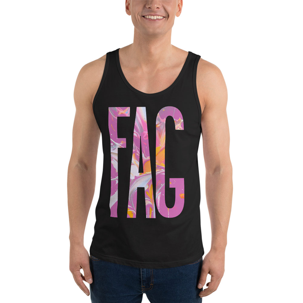 Model wearing Gayer Things black LGBTQ+ pride tank top, front-facing queer streetwear portrait