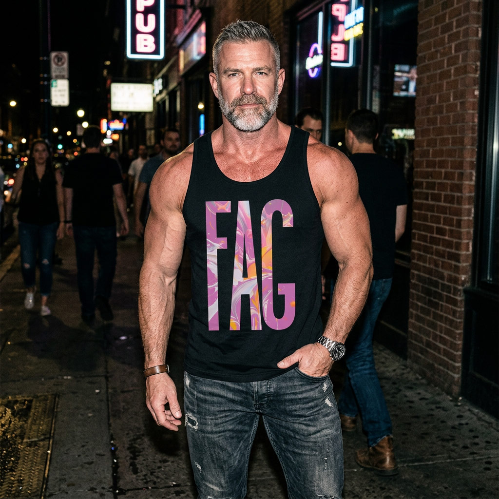 Detail view of Gayer Things black queer pride tank showing crisp print and breathable streetwear fabric