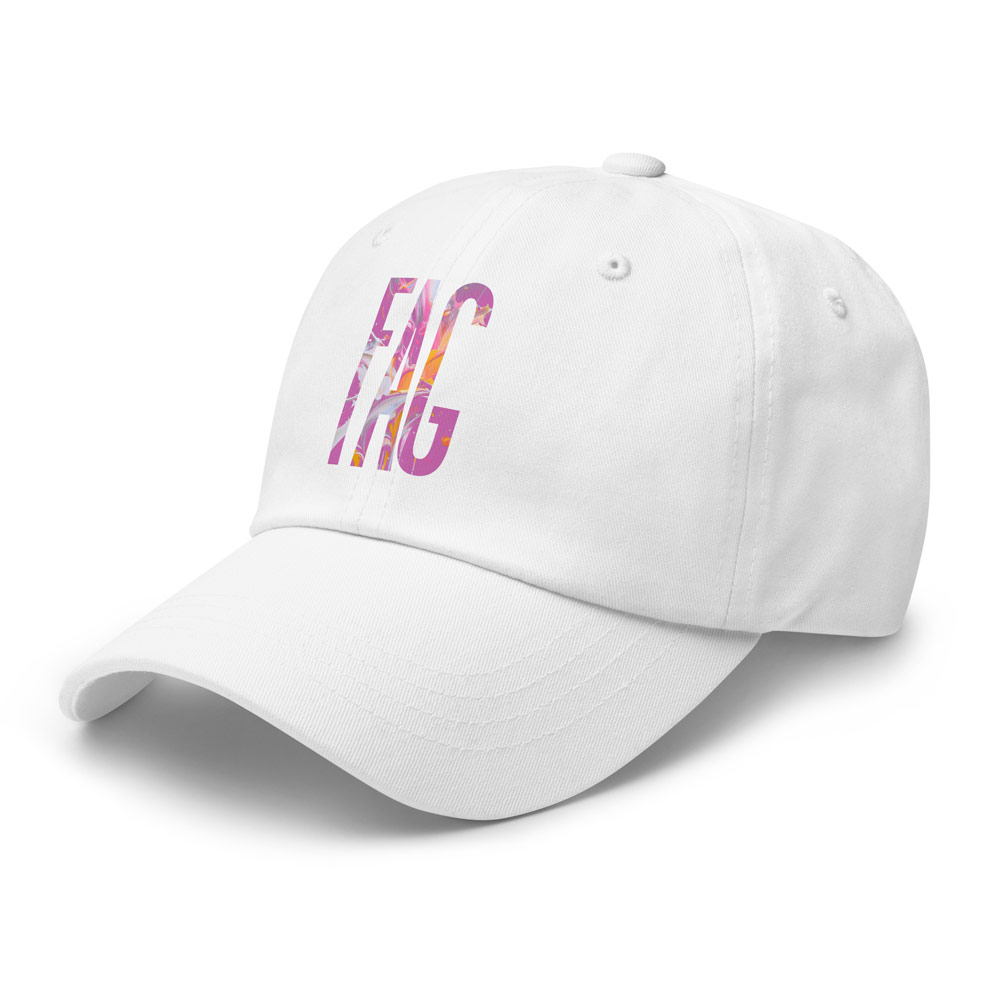 Macro detail of Gayer Things queer pride cap embroidery and curved brim construction
