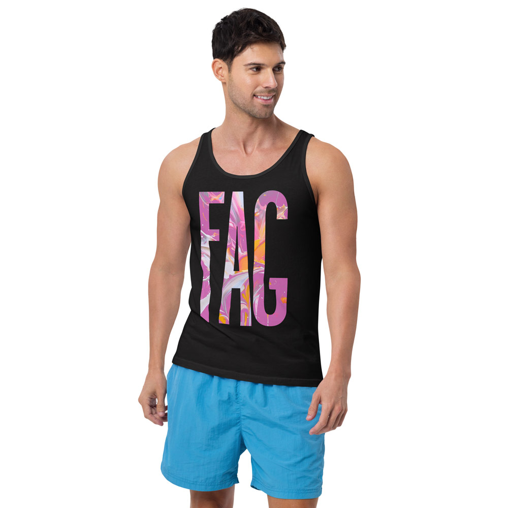 Studio product shot of Gayer Things black queer streetwear tank — essential Pride season layering piece