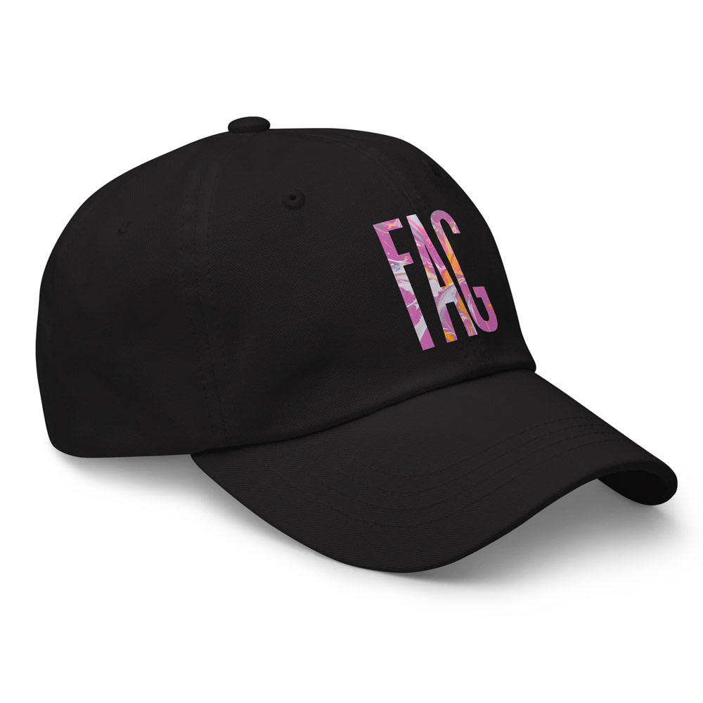 Model wearing Gayer Things black queer streetwear cap from behind — everyday Pride accessory styling