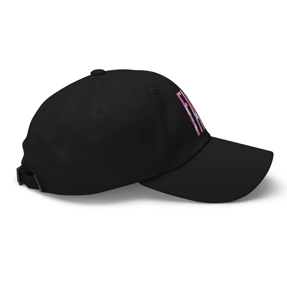 Three-quarter product angle of Gayer Things black queer pride cap on white — minimalist LGBTQ+ streetwear headwear