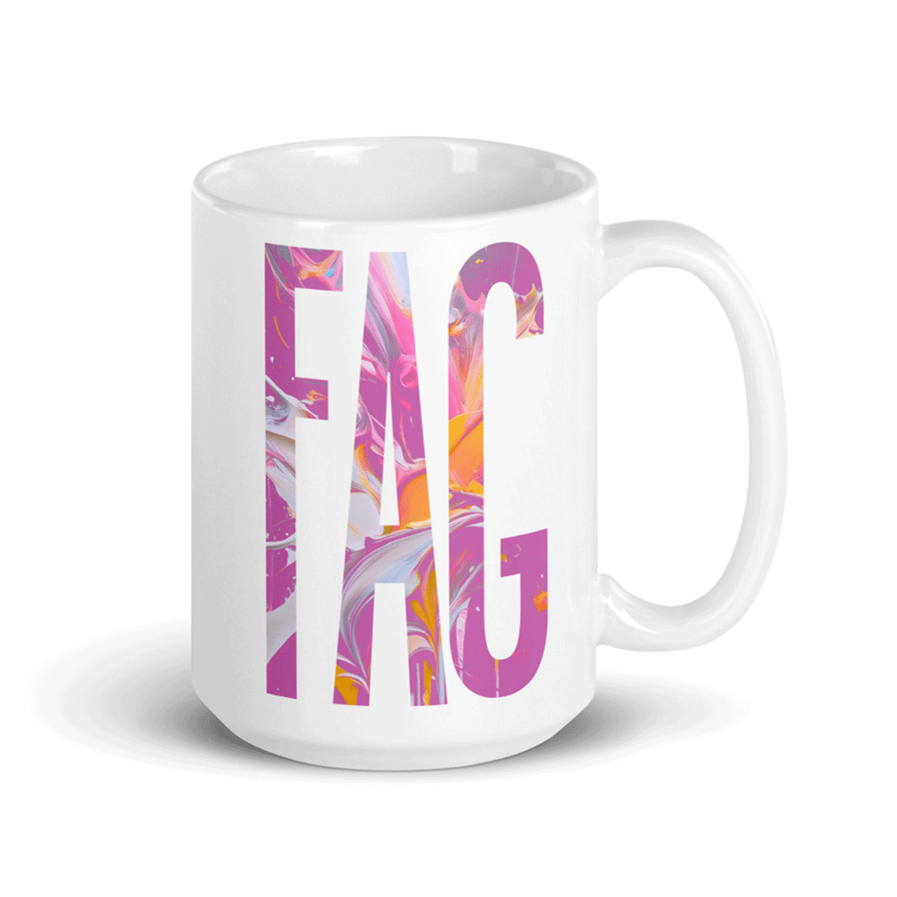 Gayer Things LGBTQ+ pride mug on a creative desk beside keyboard and plants — queer-owned lifestyle merch