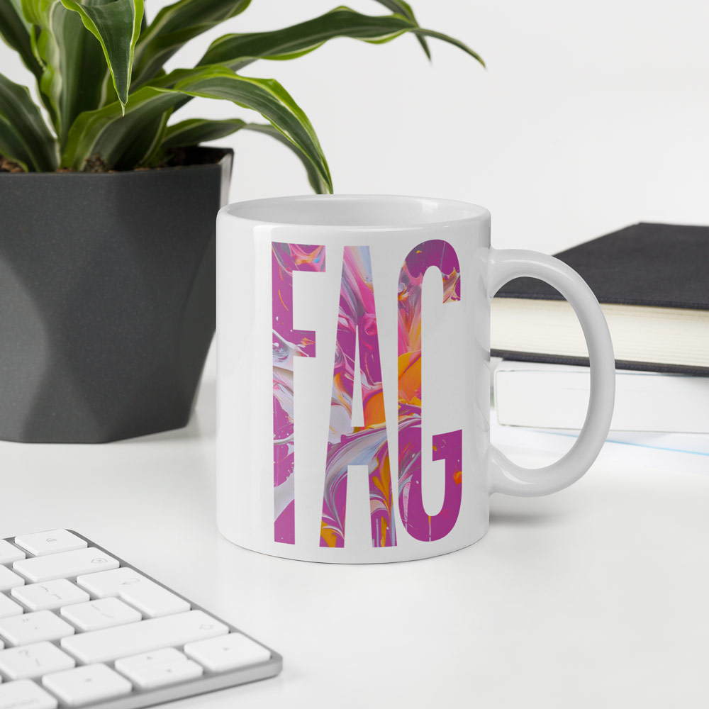 White glossy queer pride mug with bold marble typography.