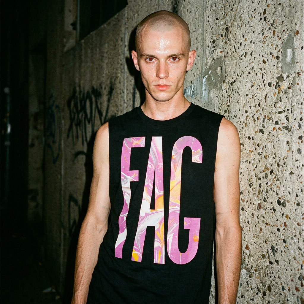 Model in black muscle tee and denim — Gayer Things queer streetwear product shot