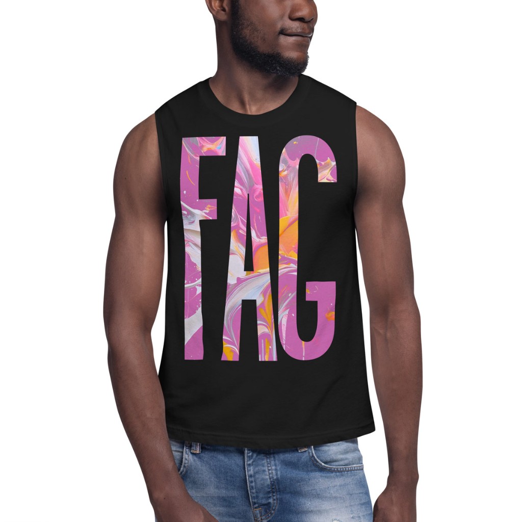 Black sleeveless muscle shirt with reclamation graphic — smiling model, clean backdrop