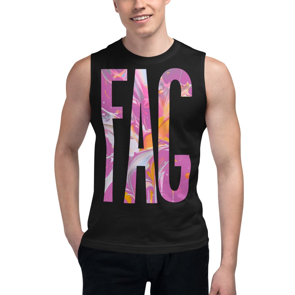 Black muscle tee with marble typography on rainbow gradient studio set — Gayer Things
