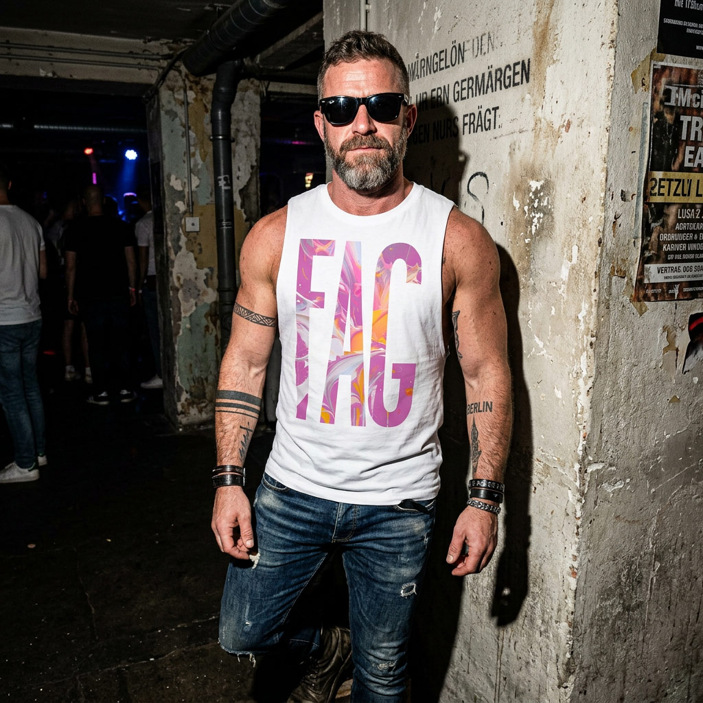 White muscle shirt with reclamation art on rainbow gradient studio backdrop — Gayer Things