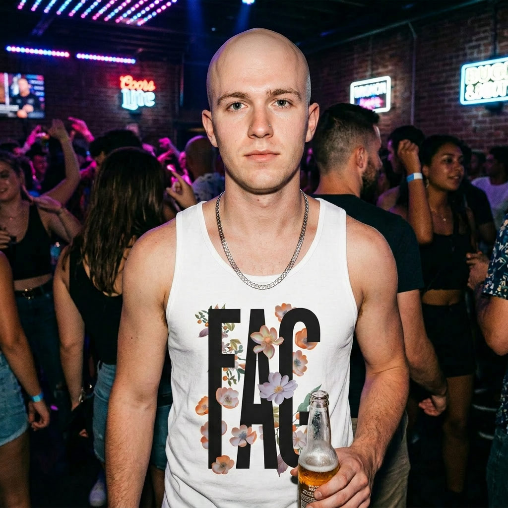 Model wearing Gayer Things queer streetwear tank, front view, designed for Pride heat and bold self-expression