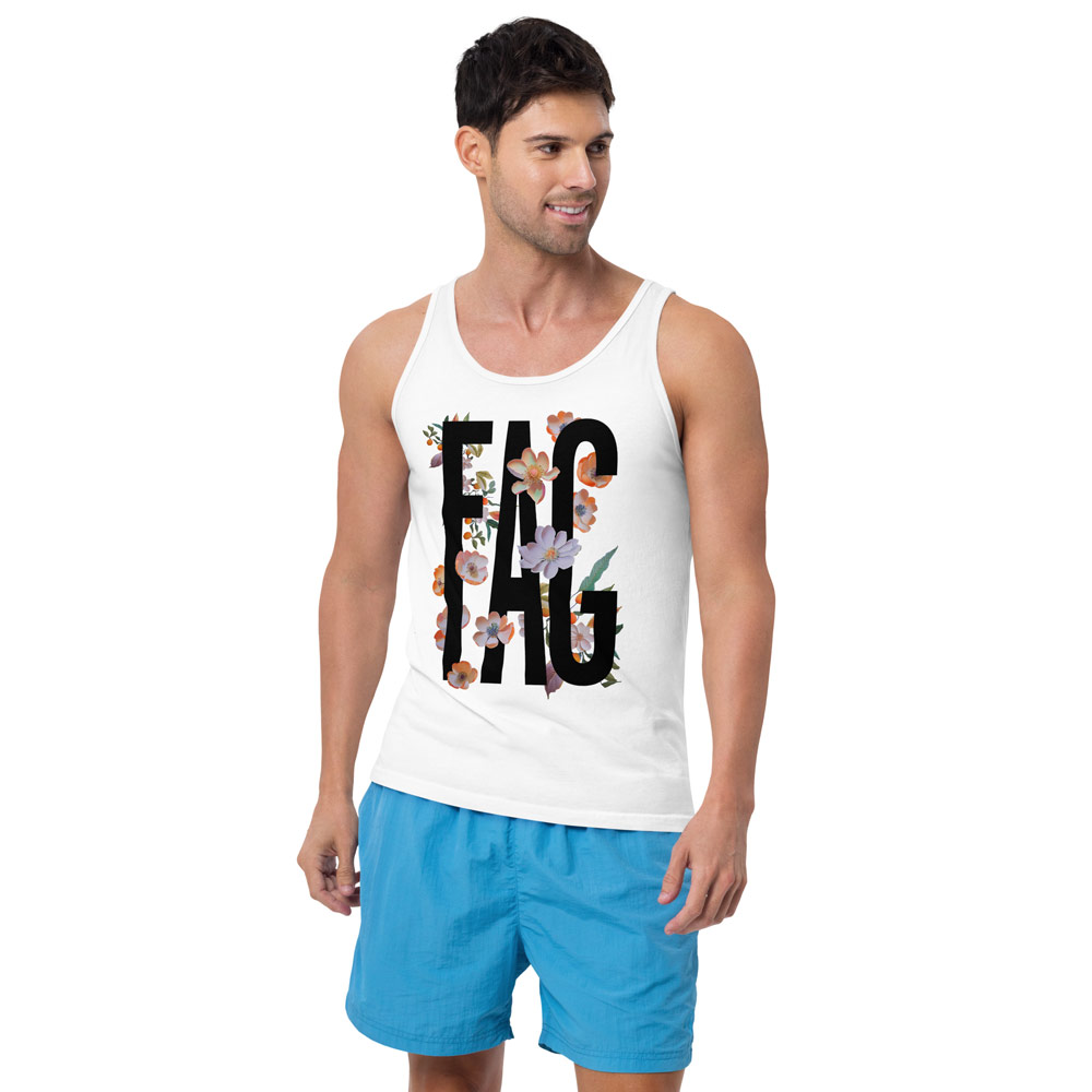 Side profile of a model in Gayer Things queer pride tank top showing the relaxed streetwear fit