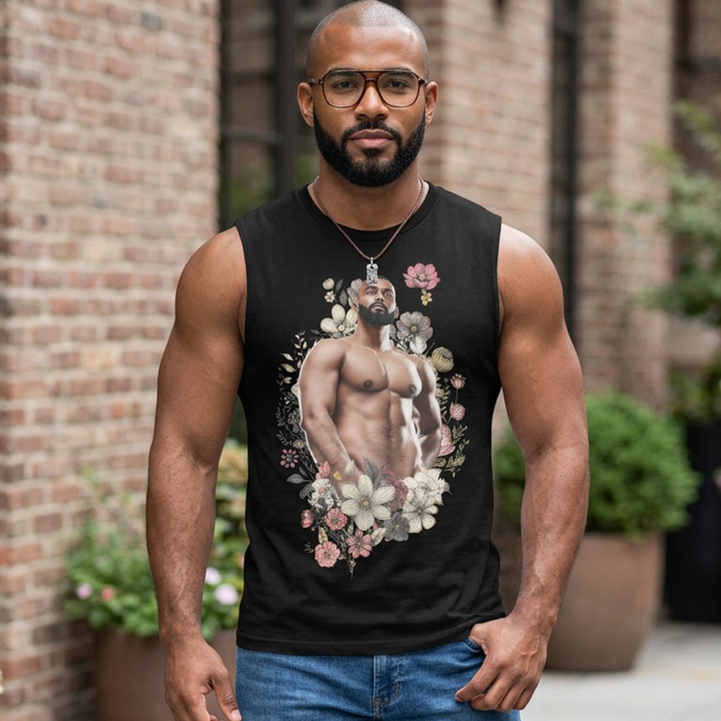 Model in black Himbo Anthony muscle tee outdoors by brick wall — botanical illustration print, glasses