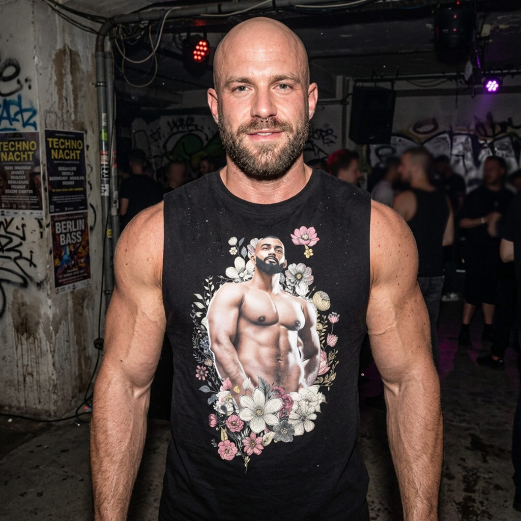 Muscular model in black Himbo Anthony sleeveless shirt — nightlife poster wall, moody queer streetwear