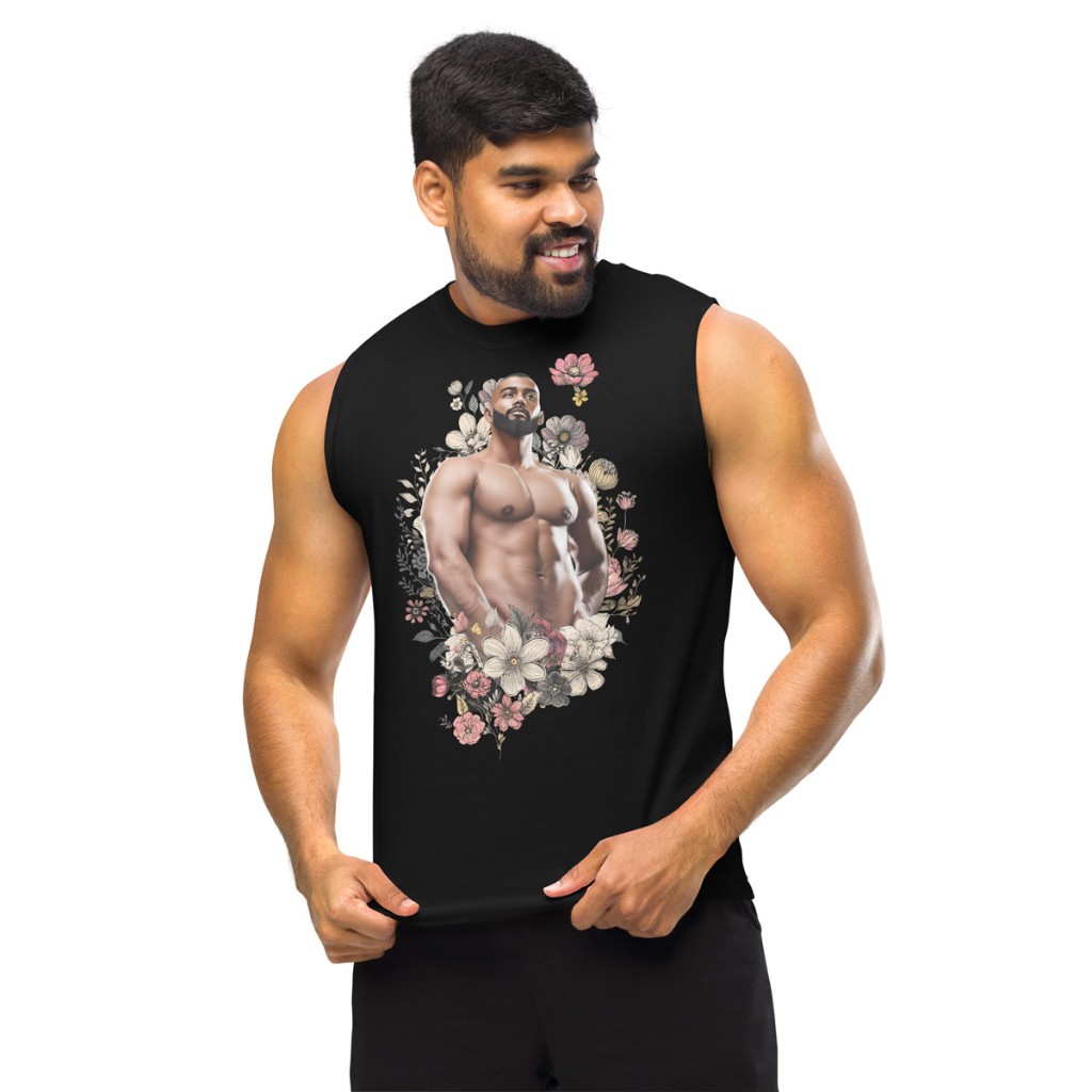 Smiling model in black Himbo Anthony muscle shirt on white seamless — floral-framed portrait graphic