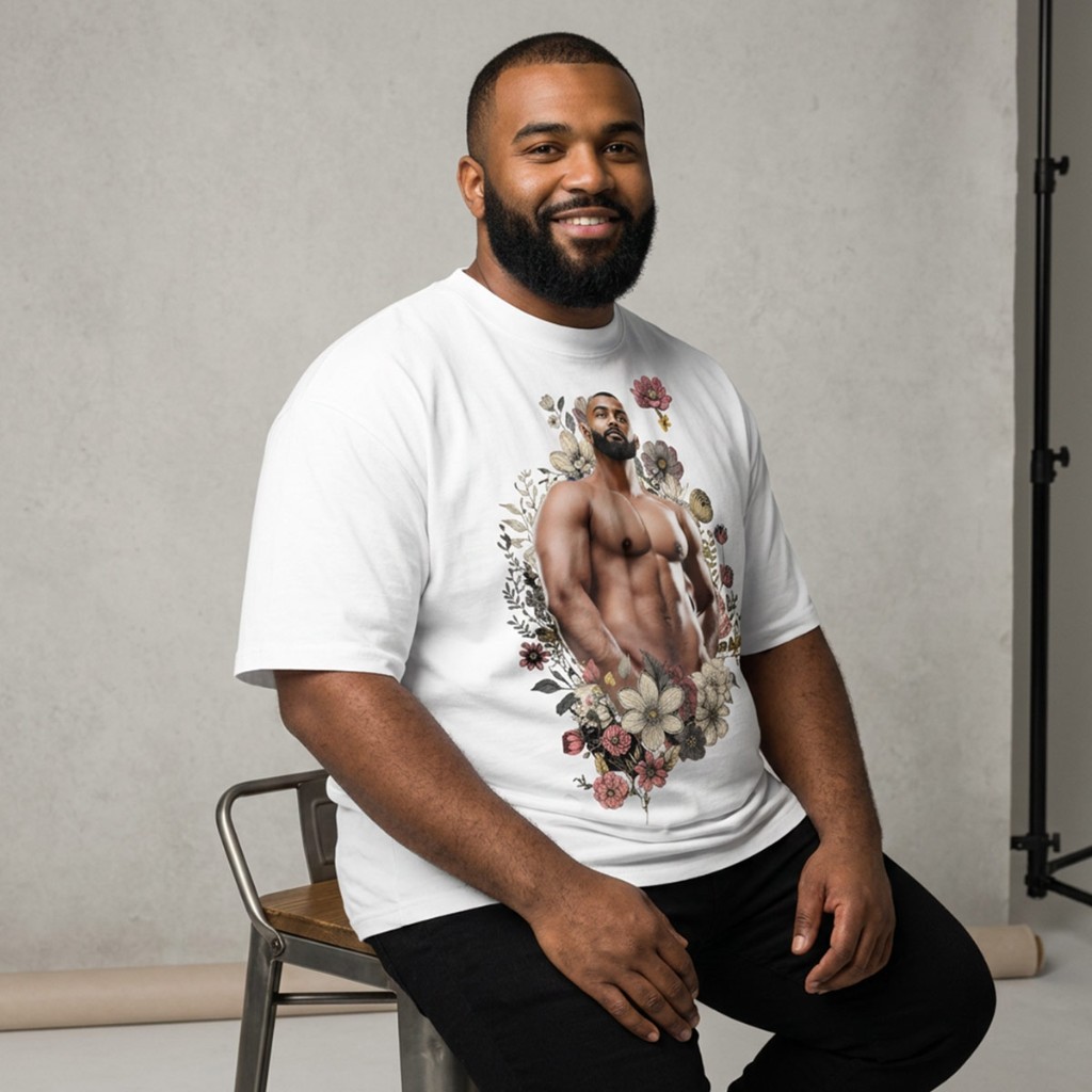 Model wearing white Himbo Anthony oversized T-shirt seated in studio — botanical illustration chest print