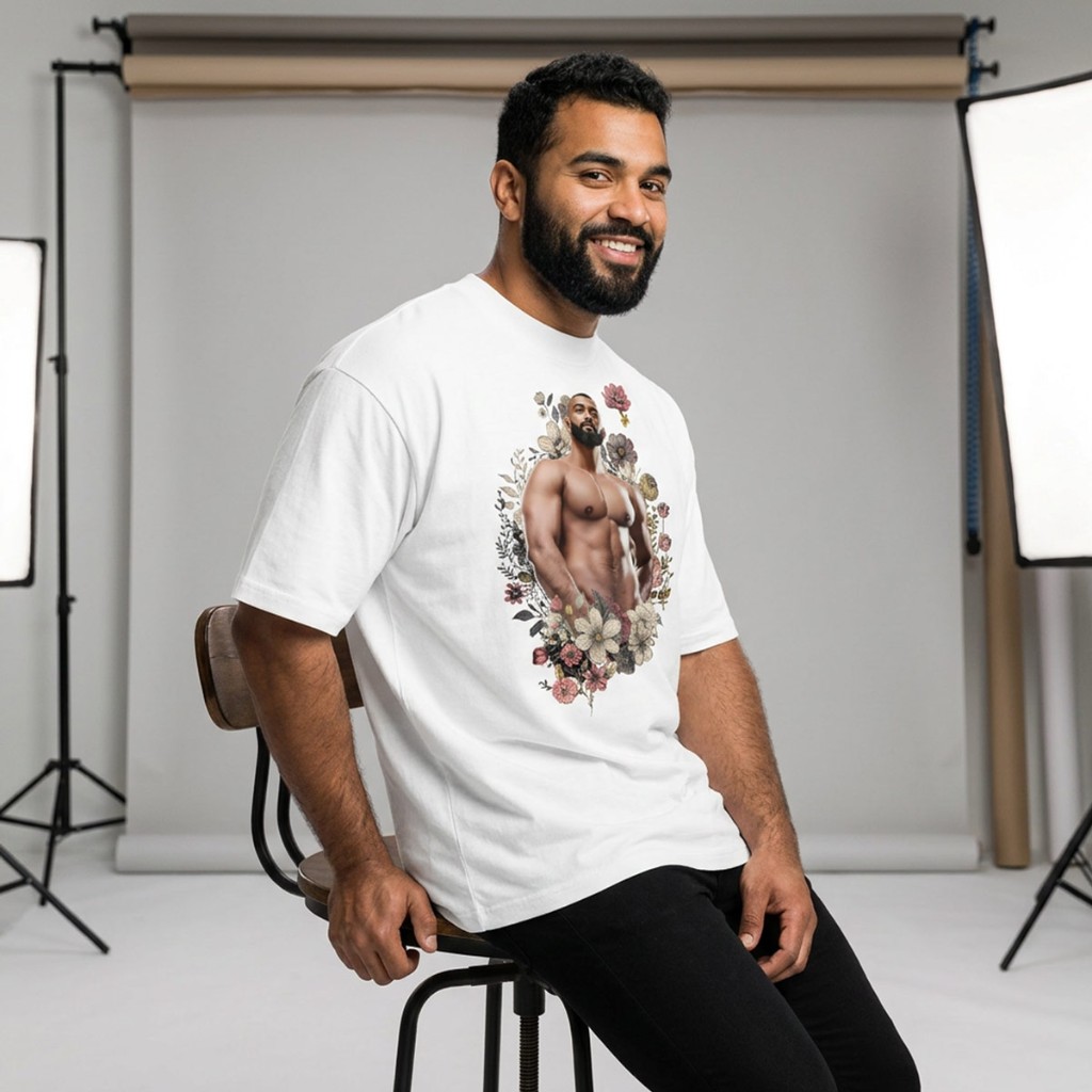 Smiling model in white Himbo Anthony organic oversized tee on grey seamless — full studio lighting setup