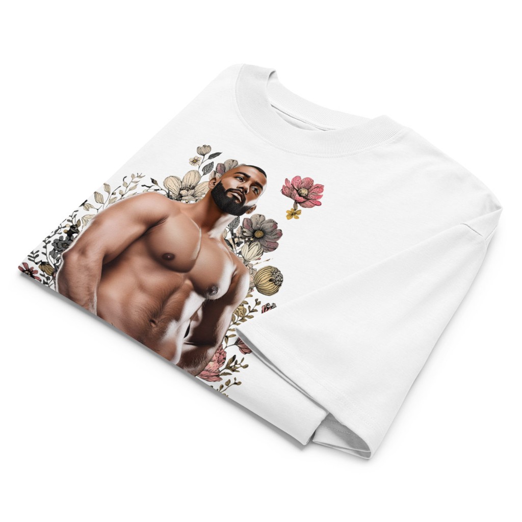 Folded white Himbo Anthony oversized organic cotton tee flat lay — floral graphic and ribbed collar detail