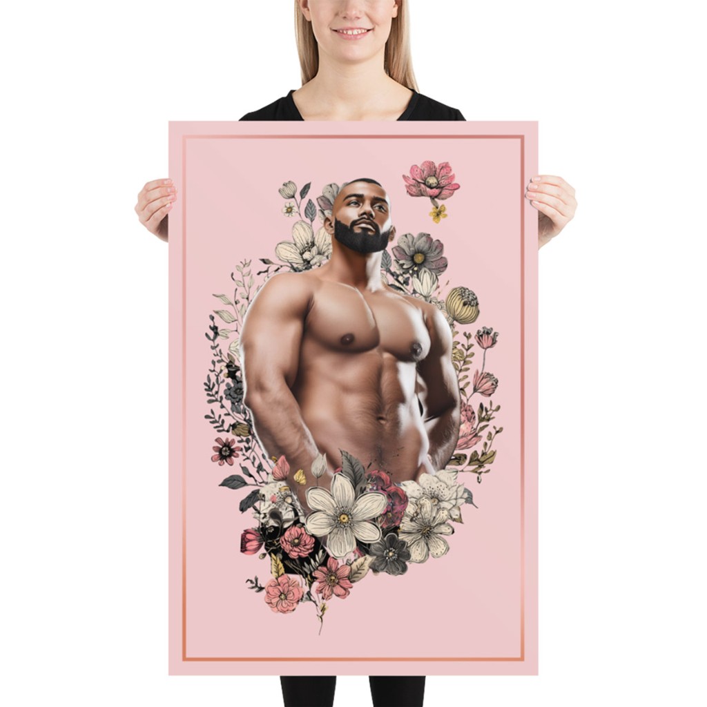 Himbo Anthony photo poster held against a white studio backdrop.