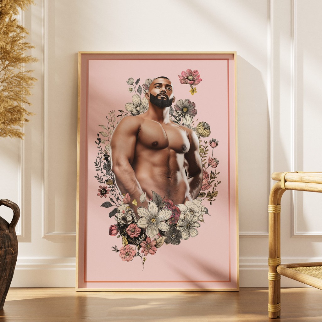 Large framed Himbo Anthony poster leaning on paneled wall — natural light room styling