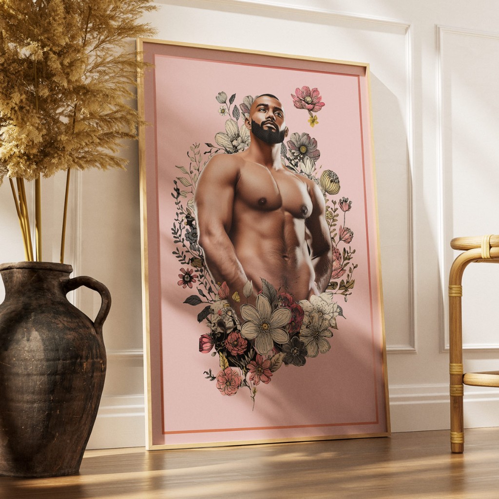 Framed Himbo Anthony poster in bright interior with pampas grass — lifestyle queer home decor