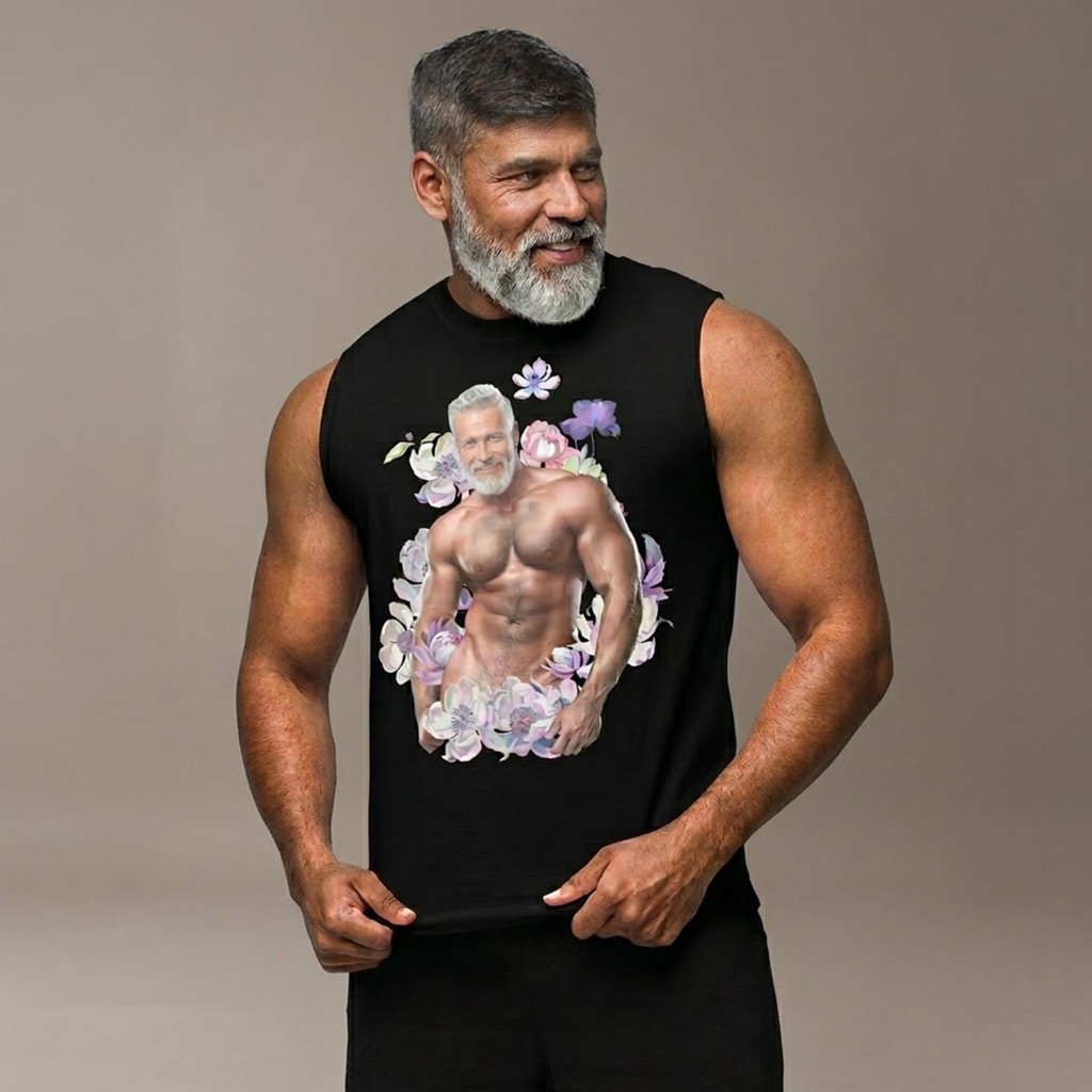 Model in black Himbo Dan sleeveless muscle tee on grey studio backdrop — adjusting hem, floral portrait chest print