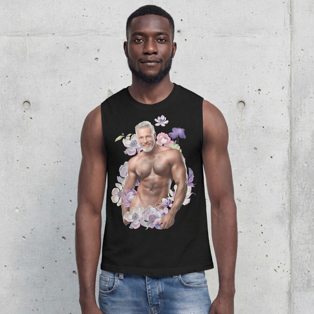 Black Himbo Dan muscle shirt outdoors against textured concrete — smiling model, lavender wreath graphic