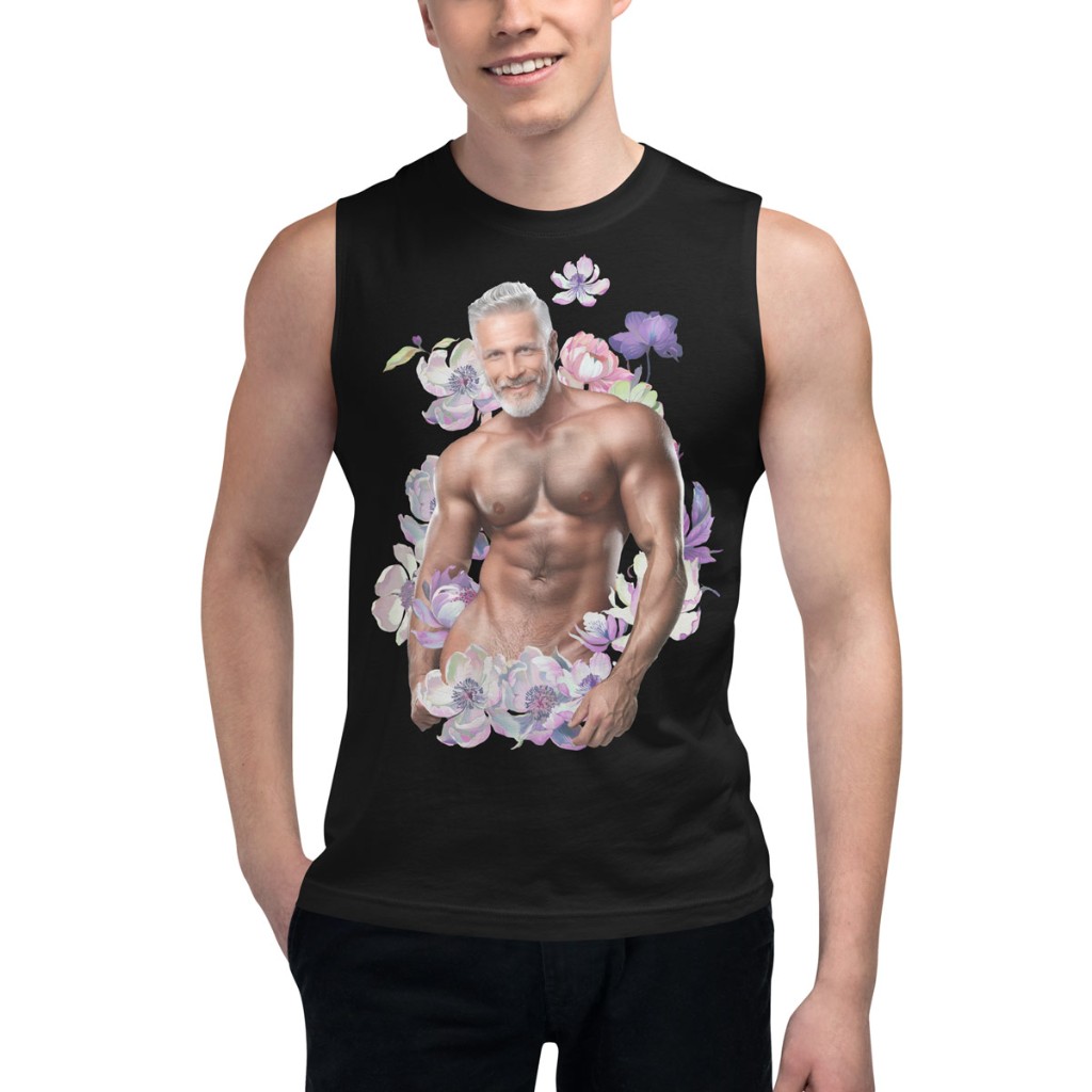 Torso shot of black Himbo Dan muscle tee on white seamless — denim, silver-fox floral portrait print