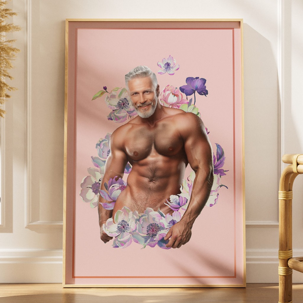 Large framed Himbo Dan poster leaning on paneled wall — natural light, hardwood floor, romantic wall art styling