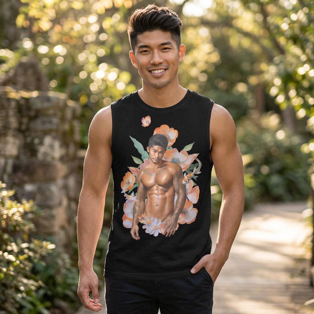 Smiling model outdoors in black Himbo Dustin muscle tee — garden path, koi floral chest print, sunlit bokeh