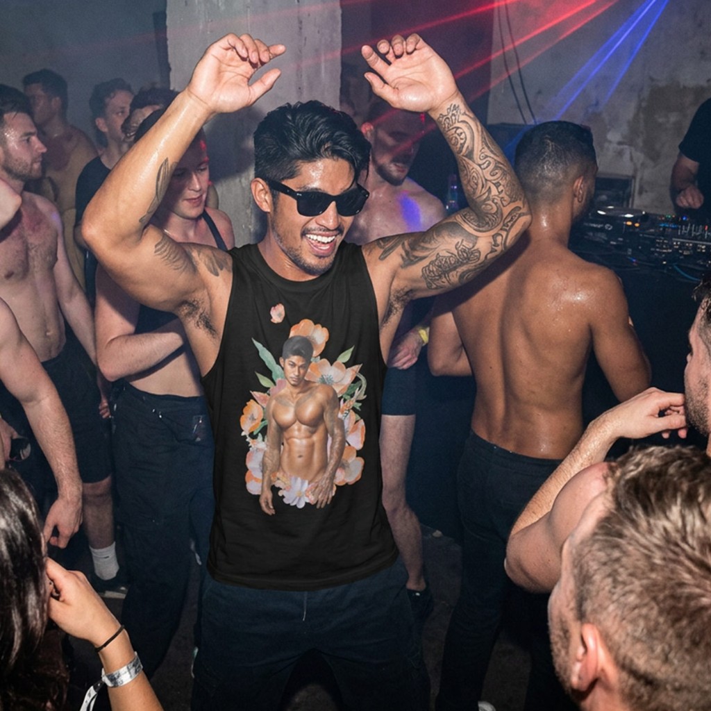 Model dancing in black Himbo Dustin sleeveless shirt at nightclub — lasers, sunglasses, koi floral graphic